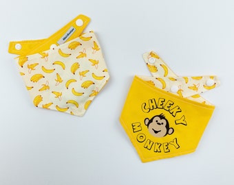 Cheeky Monkey reversible dog bandana in bright yellow and banana print fabric