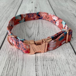 May include: A floral dog collar with a peach background and a pattern of blue, white, and pink flowers. The collar has rose gold hardware, including a buckle and a D-ring. The collar is designed for a pet.