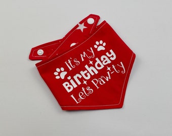 Birthday Dog Bandana in Red with an its my Birthday Lets Pawty print