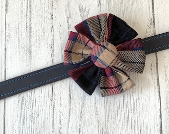 Beige and Burgundy Tartan Dog Collar Flower