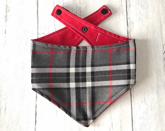 Dog Bandana in Red, Grey and White Tartan, with a popper fastening