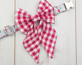 Cute Gingham Check Dog Sailor Bow in Bright Pink and white