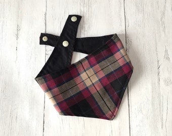 Burgundy Tartan Dog Bandana with a popper fastening