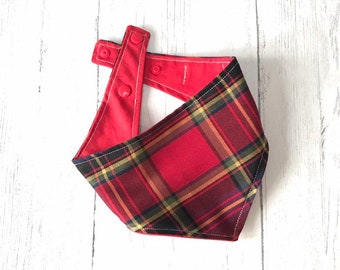 Handmade Dog Bandana in Red, Gold and Royal Blue Tartan with a popper fastening