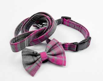 Dog Collar and Lead in a fabulous Pink and Grey Tartan Fabric | dog collar and lead set