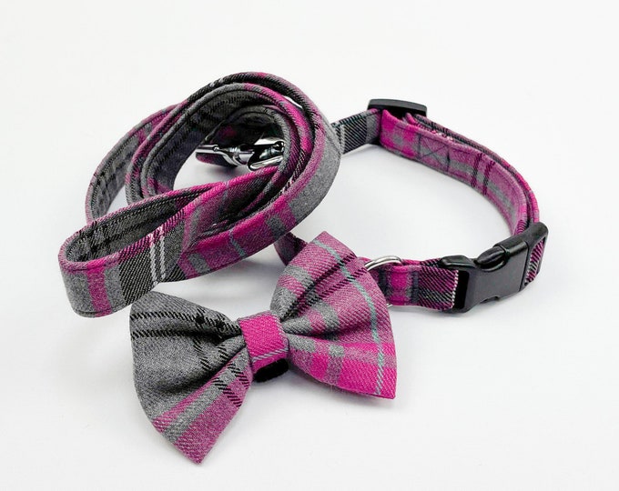 Featured listing image: Dog Collar and Lead in a fabulous Pink and Grey Tartan Fabric | dog collar and lead set