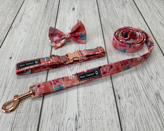 Dog Collar and Lead in a Gorgeous pink floral fabric with Rose Gold hardware / dog collar and lead set