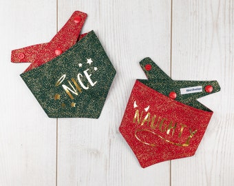 Naughty or Nice double sided Christmas dog Bandana in Red, Green and Gold