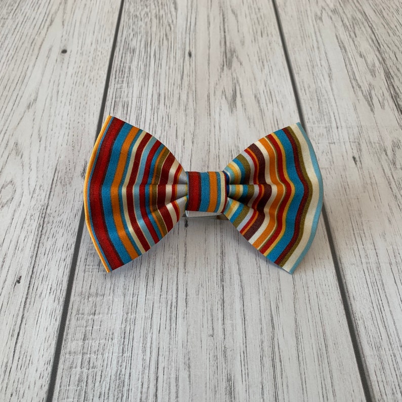 Handmade Dog Bow Tie in Bright Blue and Orange Summer Stripe image 6
