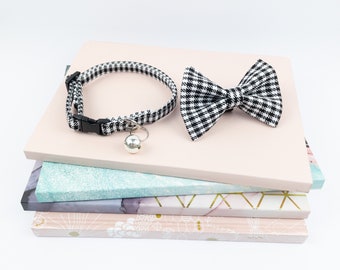 Houndstooth check cat collar with bow