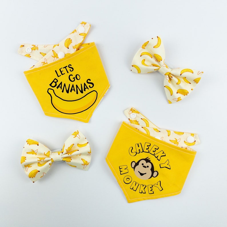 Cheeky Monkey reversible dog bandana in bright yellow and banana print fabric image 3