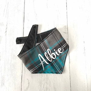 Turquoise Blue and Grey Tartan Dog Bandana with a popper fastening