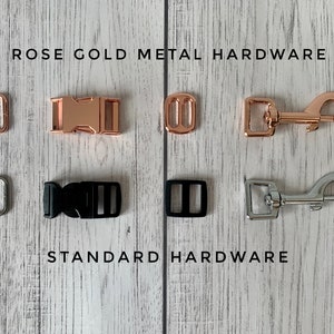 May include: An assortment of rose gold and standard metal hardware components, including D-rings, buckles, and clasps, are displayed against a light wood grain background. The text "ROSE GOLD METAL HARDWARE" and "STANDARD HARDWARE" are visible.