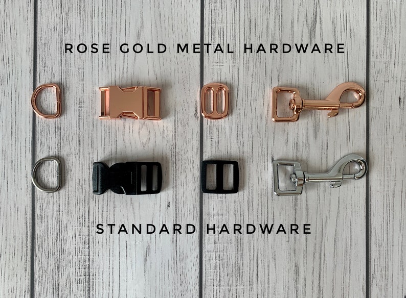 May include: An assortment of rose gold and standard metal hardware components, including D-rings, buckles, and clasps, are displayed against a light wood grain background. The text "ROSE GOLD METAL HARDWARE" and "STANDARD HARDWARE" are visible.