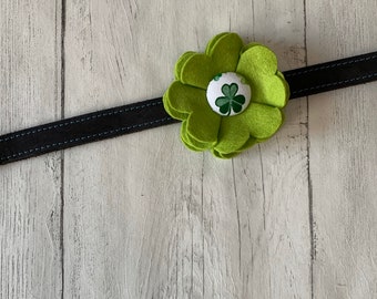 Lime Green St Patricks Day Collar Flower in a wool felt fabric with a green and white shamrock fabric button centre