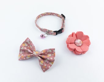 Pink floral handmade cat collar bow and flower