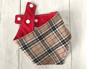 Beige and Red Tartan Dog Bandana with a popper fastening