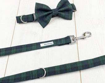 Dog Collar and Lead in a navy and green tartan fabric  / dog collar and lead set