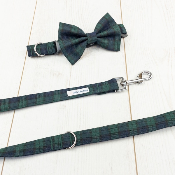 Dog Collar and Lead in a navy and green tartan fabric  / dog collar and lead set