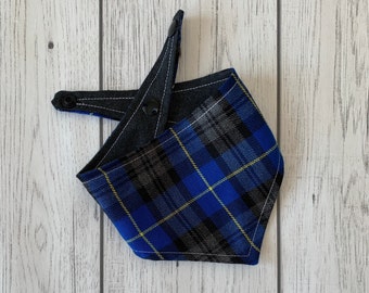 Royal Blue, Grey and yellow Tartan Dog Bandana with a popper fastening