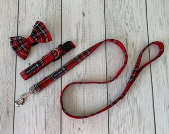 Dog Collar and Lead in a vibrant red stewart tartan fabric  / dog collar and lead set