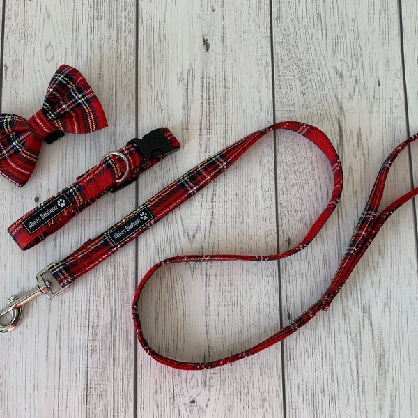 Dog Collar and Lead in a vibrant red stewart tartan fabric  / dog collar and lead set