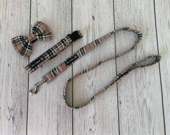 Dog Collar and Lead in a gorgeous beige and red tartan fabric  / dog collar and lead set