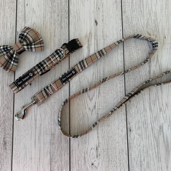 Dog Collar and Lead in a gorgeous beige and red tartan fabric  / dog collar and lead set