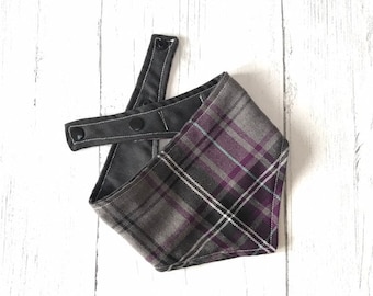 Purple and Grey Tartan Dog Bandana with a popper fastening