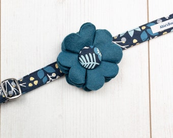 Blue Dog Collar Flower in a wool felt fabric