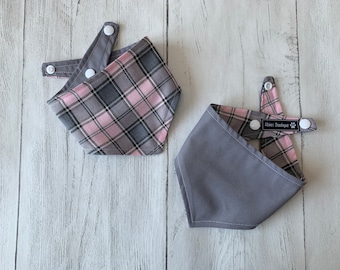 Pastel Pink and Grey Tartan Dog Bandana with a popper fastening