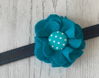 Teal Dog Collar Flower in a wool felt fabric