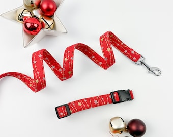 Red Christmas Metallic Stars Dog Collar and Lead / dog collar and lead set