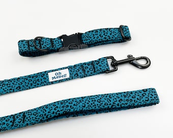 Teal Leopard Print Dog Collar and Lead Set