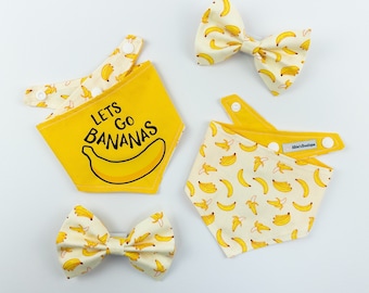 Let’s go bananas reversible dog bandana in bright yellow and banana print fabric