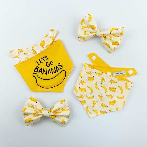 Let’s go bananas reversible dog bandana in bright yellow and banana print fabric