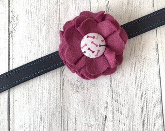 Maroon Dog Collar Flower in a wool felt fabric with a matching bones fabric button centre