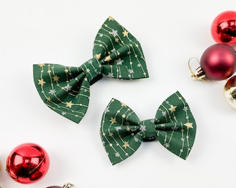 Christmas Green Metallic Stars Dog Bow Tie