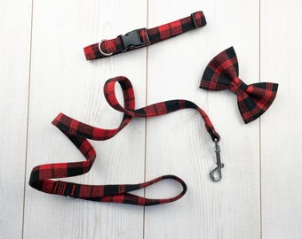 Dog Collar and Lead in a red and black check fabric  / dog collar and lead set