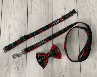 Dog Collar and Lead in a striking red and green and gold tartan fabric  / dog collar and lead set