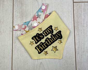 Birthday Dog Bandana in a pastel yellow and multicoloured Stars fabric