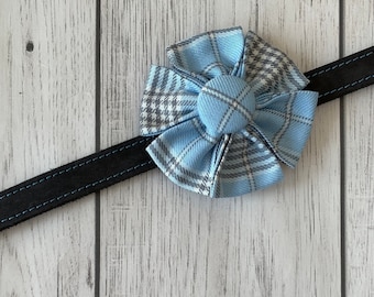 Sky Blue and Grey Tartan Dog Collar Flower