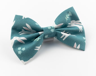 Easter Dog Bow Tie in a Teal leaping rabbit fabric