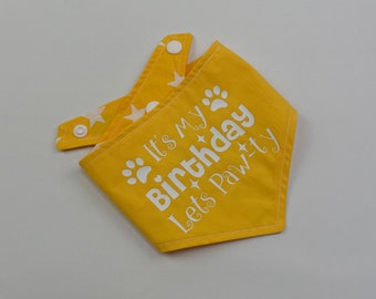 Birthday Dog Bandana in Bright Yellow with an its my Birthday Lets Pawty print