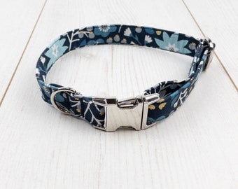 Luxury Dog Collar in a stunning winter Blue floral with a touch of metallic sparkle