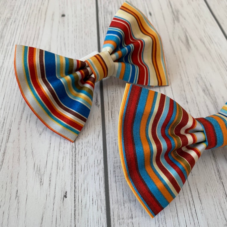 Handmade Dog Bow Tie in Bright Blue and Orange Summer Stripe image 2