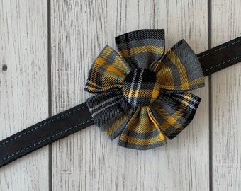 Mustard Yellow and Grey Tartan Dog Collar Flower