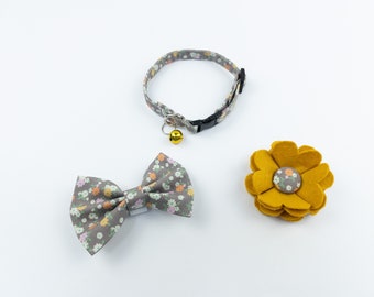 Mustard and brown floral cat collar bow and flower