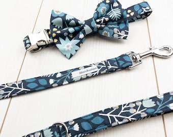 Luxury Dog Collar and Lead in a Beautiful Blue floral metallic fabric with chrome buckle / dog collar and lead set