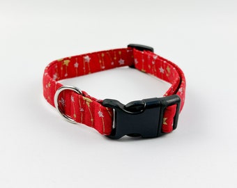 Red Christmas Stars Metallic Dog Collar